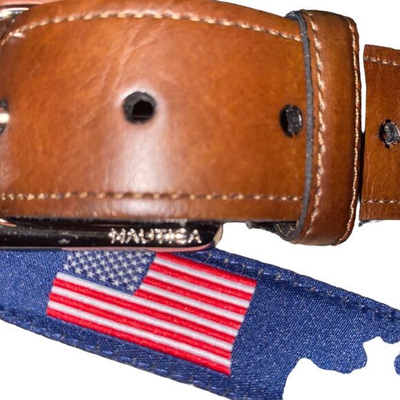 Nautica KCH Woven Ribbon Overlay USA Flag Print Synthetic Leather size 32/80 - Picture 6 of 8